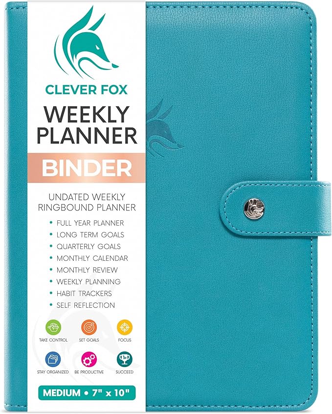 Clever Fox Weekly Planner Binder, Undated Daily A5 Eco Leather Turquoise | 7 x 10 in with A5 pages, mini 3 ring portfolio organizer, work time manager, day runner, agenda book with monthly calendars by CleverFox