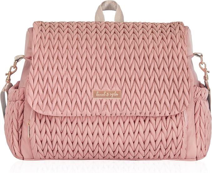Hannah & Sophia Belle Convertible Baby Diaper Backpack & Bag in Pink Polyester with Classic Style | Waterproof Changing Pad, Spacious, Multiple Pockets & Insulated Bottle Holders, Detachable Straps, Quilted Easy-Clean Fabric by HannahSophia