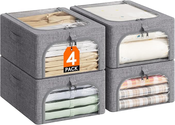 Lifewit Clothes Storage Bins with Metal Frame 3 Pack, Fabric Stackable Storage Bags with Lids, Zipper, Foldable Clost Organizers Containers for Clothing, Blanket, Winter Cloth, 25L by Lifewit