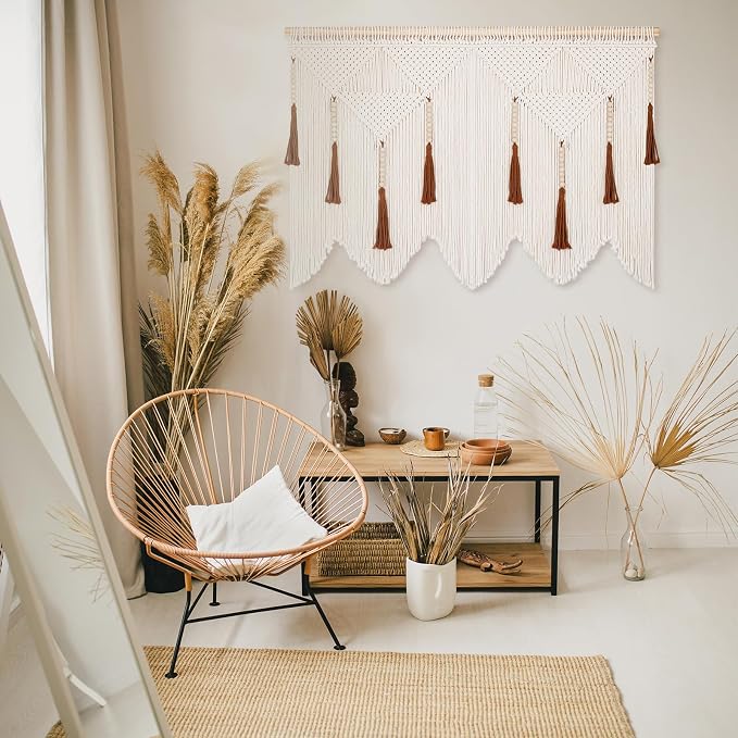 Large Macrame Wall Hanging, Boho Woven Tapestry with Wood Bead Tassel | Minimalist Above Bed Decor, Bohemian Wall Art, Handmade Cotton Woven, for Bedroom Living Room Apartment - Image 5