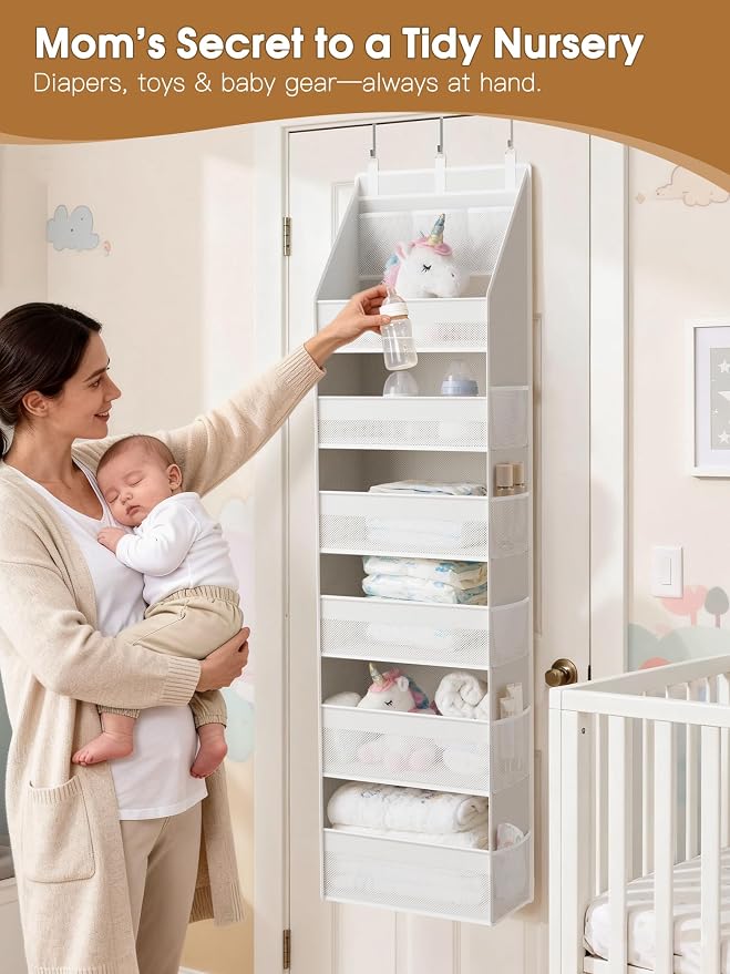 2 Pack Over the Door Organizer, Heavy-Duty 6-Shelf Hanging Storage with 13 Mesh Pockets, 55lbs Capacity Behind the Door Storage for Nursery, Bathroom, Bedroom, and Dorm, White - Image 4