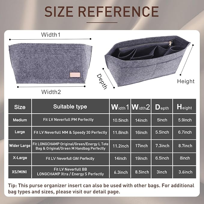 Purse Organizer Insert for Handbags & Base Shaper 2pc Set, Felt Neverfull MM Organizer Insert, Tote Bag Organizer with Zipper Pocket and Bottle Holder, Fit Speedy 30 Neverfull MM and More,Gray-L - Image 2