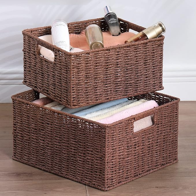 HOONEX Large Woven Storage Baskets, Paper Rope With Sturdy Metal Wire Frame, for Shelves, Set of 2, Dark Brown - Image 5