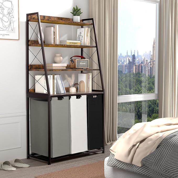 Herture Laundry Basket, 3 Section Laundry Hamper with 4 Tiers Shelf, Pull-Out and Removable Laundry Bags, Large 3 x 15.87 Gallons, for Laundry Room Bathroom Rustic Brown PF05XLN - Image 4