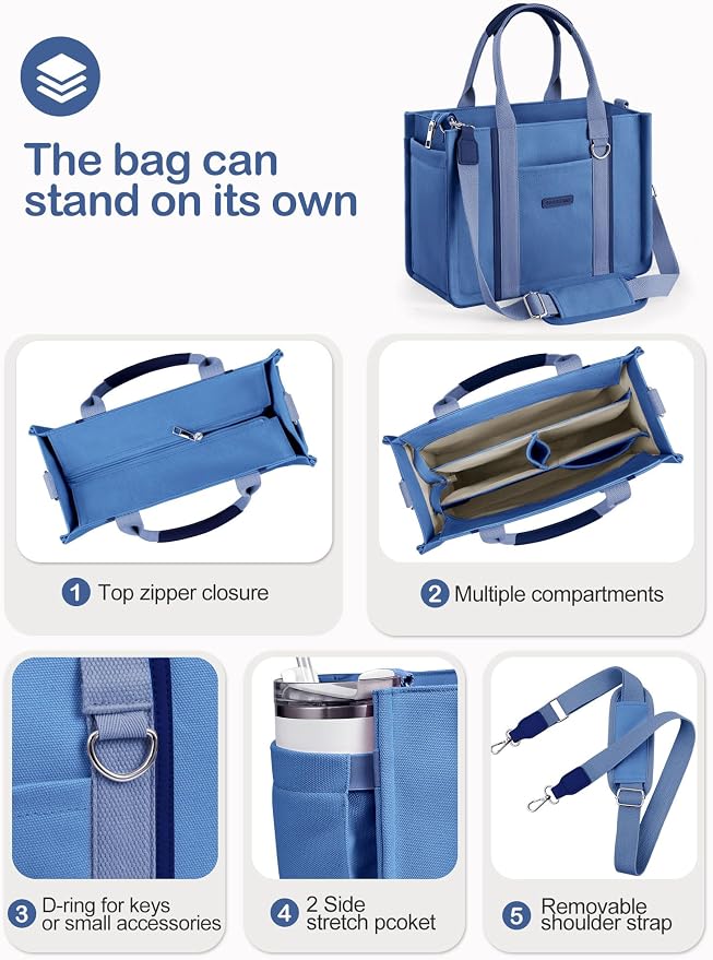 BESBESME Women’s Canvas Tote Bag with Zipper and Compartments – Multi-Pocket Laptop Work Crossbody Shoulder Tote Purse - Image 2