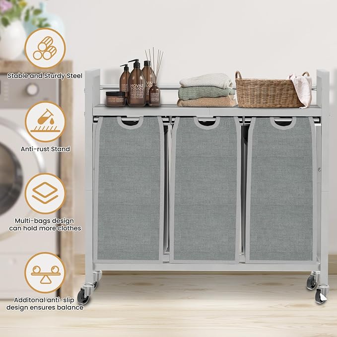 SwaaVee Laundry Sorter, Laundry Hamper 3 Section, 3×11.4Gal, Metal Frame Rolling Laundry Basket with Wooden Top Shelf, Pull out and Removable Laundry Bags, 3 Bags-Gray - Image 6