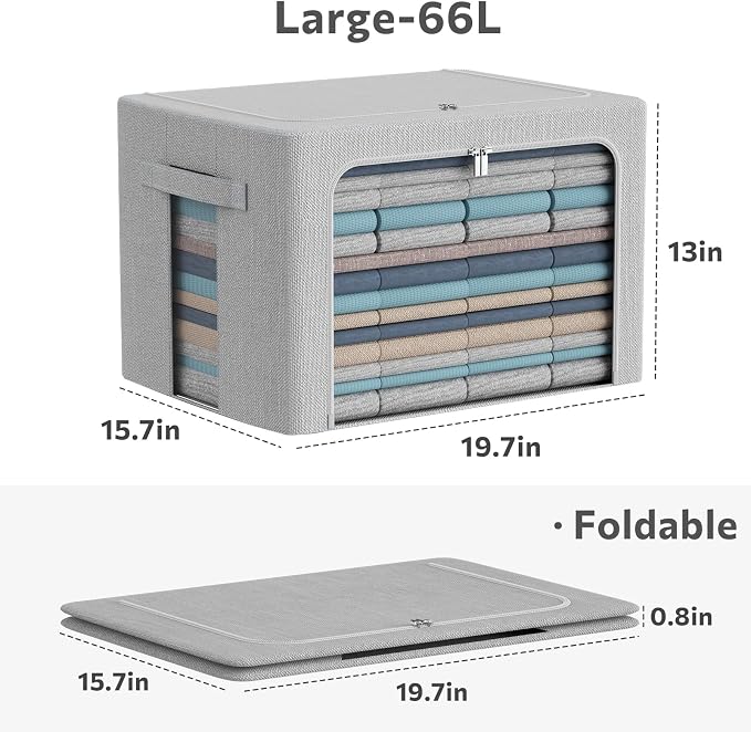 CYhom 3Pack Foldable Storage Bins - Frame Storage Box Linen Fabric Stackable Clothes Container Organizer with Clear Window & Carry Handles Large Capacity (Large-66L, Light Grey) - Image 5