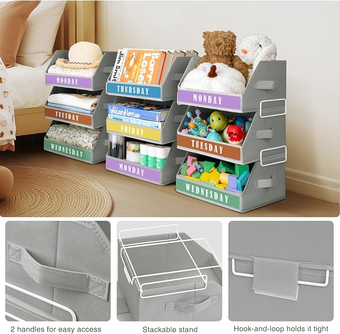 Closet Organizers and Storage - 5 Tier Shelf Organizer with Weekly Labels, Stackable Storage Bins with Metal Frame, Foldable Cube Bins, Home Baskets for Kids and Adults, Grey - Image 5