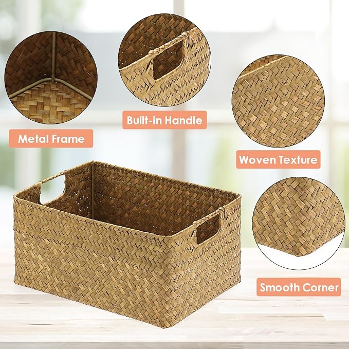 Hipiwe Seagrass Storage Basket Bin Rectangular Handwoven Wicker Storage Box with Handle Opened Baskets Box for Shelf Organizing Closet Bathroom, Caramel, Medium - Image 6