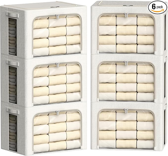 FHSQX 6 Pack Clothes Storage Bins with Metal Frame 100L Foldable Storage Bins for Clothes Linen Fabric Storage Box with Clear Window (Lvory White, 23.6x16.5x15.7inch(100L)) by FHSQX