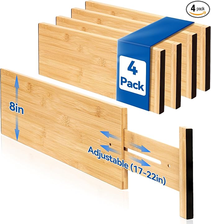 4 Pack 8" Deep Bamboo Drawer Dividers, 17-22" Expandable Kitchen Organizers | Adjustable Spring-Loaded Tension Separators with Foam Pad for Clothes, Utensils, Kitchen, Dresser, Nursery & Bathroom by LeaforyHome