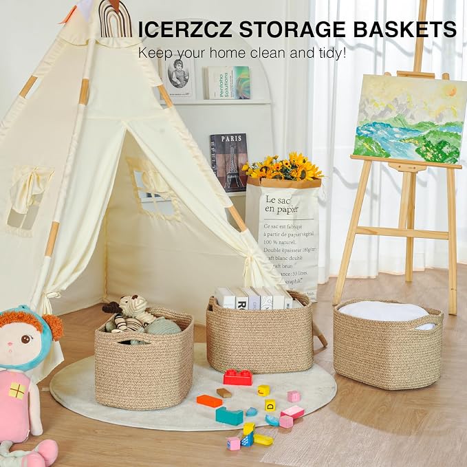 ICERZCZ Decorative Storage Baskets for Organizing Shelves, Toy Basket for Nursery, Woven Cotton Rope Baskets for Decor, Towel Basket for Bathroom, 15"x11"x9.5", 3 Packs, Brown - Image 6