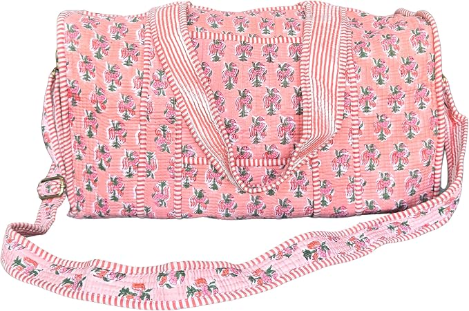 ATOSII Large Duffle Bag, Handblock Print 100% Quilted Cotton for Overnight Trip, Travel Weekender, Luggage, 2 Pockets with Zipper 1 Front Pocket, Detachable Long Strap, 20 X 10 X 12 Inches, Peach Aura by ATOSII
