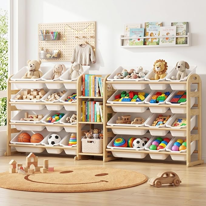 Large Wooden Toy Storage Organizer, 62" W White 3-Shelf Bookcase/Bookshelf with 24 Toy Bins, Large Toy Organizers and Storage, Toy Box for Playrooms, Bedrooms Organization by Orekemo