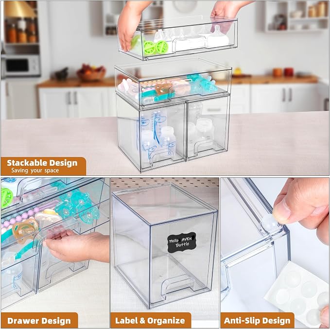 Baby Bottle Organizer, 4 Pack Stackable Storage Drawers with Labels, Clear Station Organizers Container for Pacifiers, Pump Parts, Desk Organizer Bins for Bathroom, Cabinet, Pantry, Vanity, Countertop - Image 5