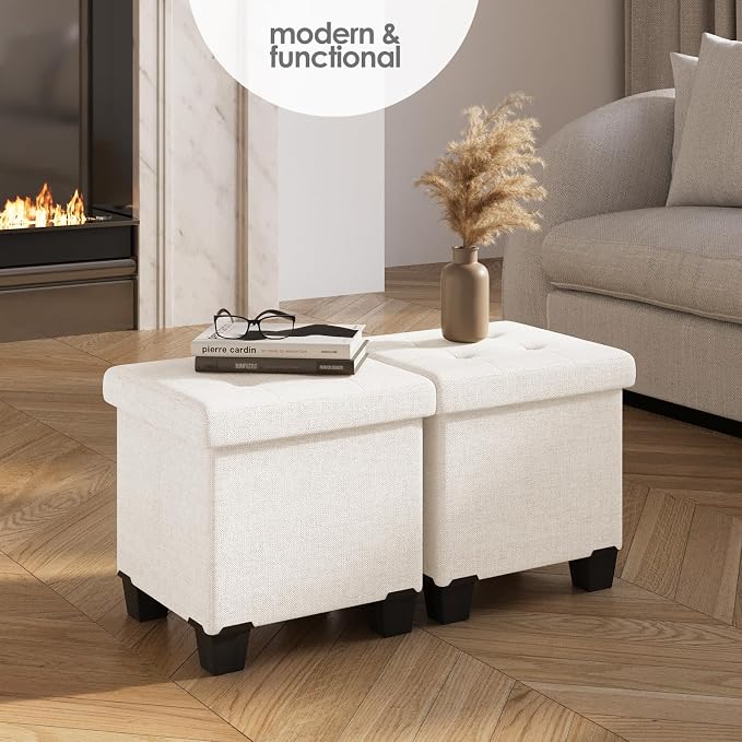Storage Ottoman Cube with Small Bin, 15-in Square Ottoman with Storage for Living Room and Bedroom, Small Ottomans Foot Rest, Fabric Foot Stools Ottomans Max 330lbs, Cream - Image 2