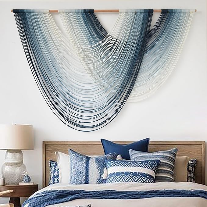 Macrame Wall Hanging Large handmade Navy Blue Ombre Fiber Art 57"W*39"L | Handwoven Wall Hanging, Navy Blue Ombre Design, Macrame Fiber Art, for Living Room Bedroom by FLBER