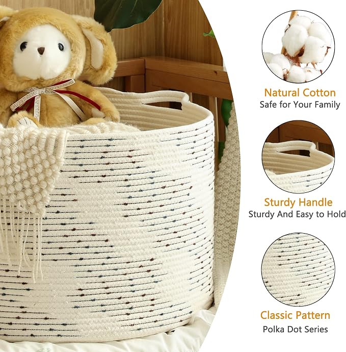 KAKAMAY Large Cotton Rope Blanket Basket (20"x13"),Woven Baby Laundry Hamper，Blanket Basket for Nursery, Laundry, Living Room, Pillows, Toys with Handles （White） - Image 4