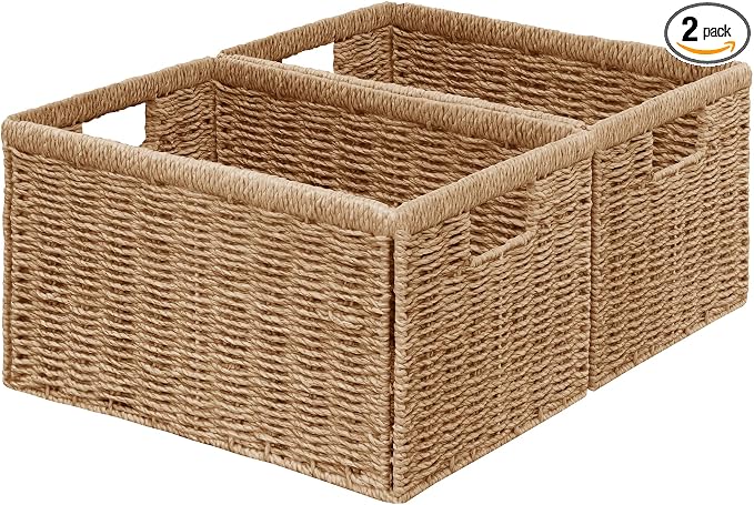 2 Packs Large Wicker Storage Basket, Closet Storage Baskets Bins for Shelves, Decorative Collapsible Baskets for Organizing Clothes Toy Nursery Bathroom Organizers and Storage, Natural by Vagusicc