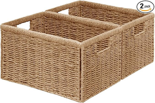 2 Packs Large Wicker Storage Basket, Closet Storage Baskets Bins for Shelves, Decorative Collapsible Baskets for Organizing Clothes Toy Nursery Bathroom Organizers and Storage, Natural by Vagusicc