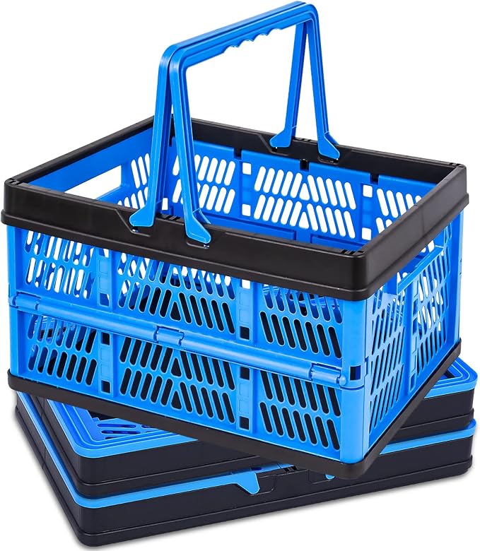3 Packs 20L Collapsible Plastic Shopping Basket with Handles - Plastic Foldable Storage Crates - Ultra Flat 1.7" Folding Grocery Baskets for Car Trunk, RV & Home Organization (Lightweight Design) by Tnyeobae