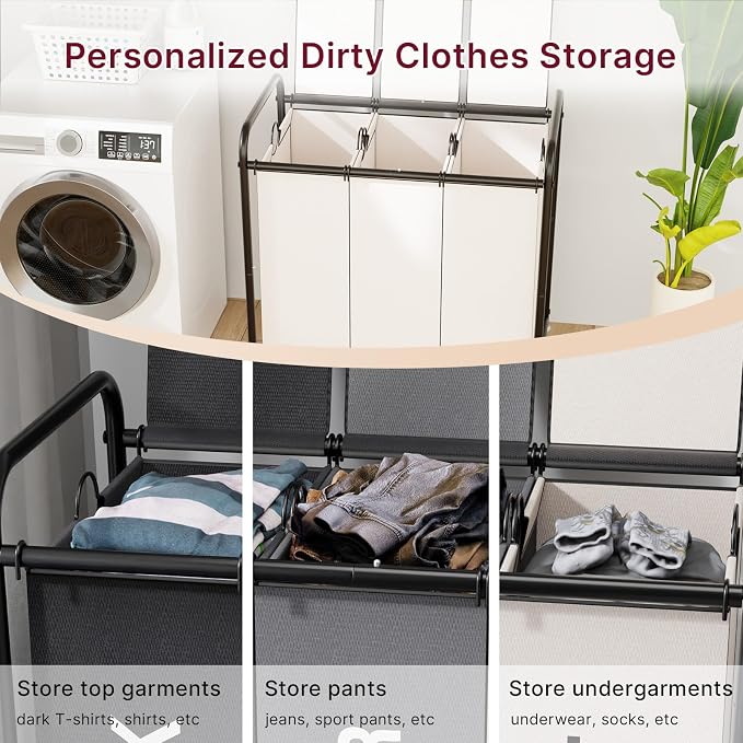 180L Laundry Sorter 3 Section with Lockable Wheels and Lid White | 3 Large Separate Removable Bags | Heavy Duty Rolling Laundry Basket | Laundry Hamper Cart for Laundry Room Organizer - Image 3