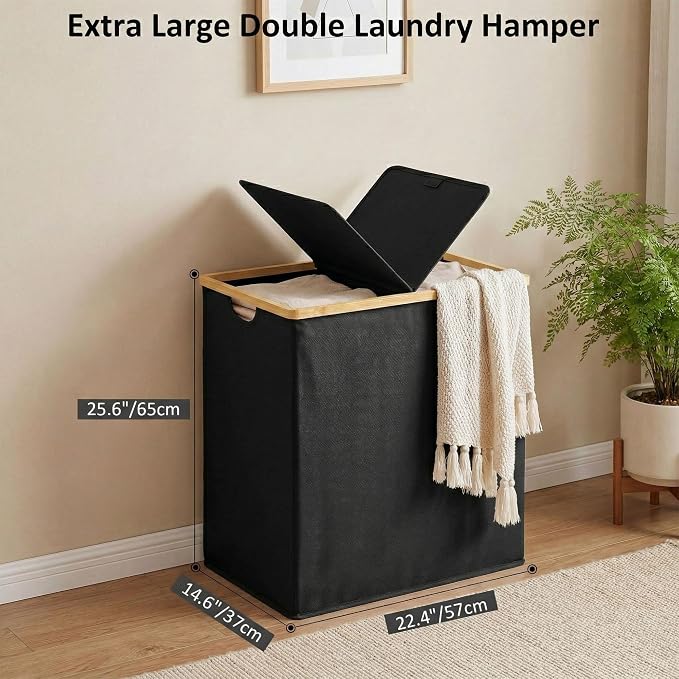 efluky Laundry Hamper with Lid, Double Laundry Basket with 2 Removable Bags, 2 Section Laundry Bin with Bamboo Handles for Bathroom, Bedroom & Laundry Room, 140L (36.9 Gallon) Black - Image 5
