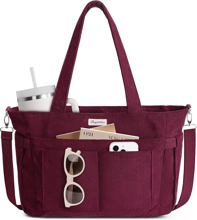 Bagstellar Corduroy Tote Bag for Women, 17 Pockets Laptop Work Tote Purse | Large 15.6” Computer Bag w/ 40oz Cup Holder & Strap, Zipper Teacher Nurse Bible Shoulder Bag for School Travel College Office by Bagstellar