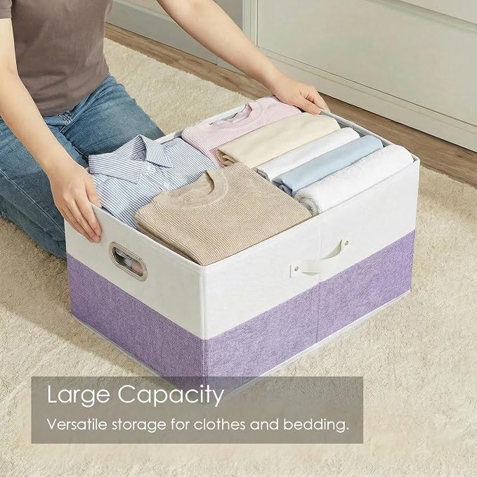 Storage Bins with Lids [3-Pack] Linen Fabric Foldable Storage Boxes Organizer Containers Baskets Cube with Cover for Bedroom Closet Office White&Purple (23.4X15.9X11.4) - Image 2