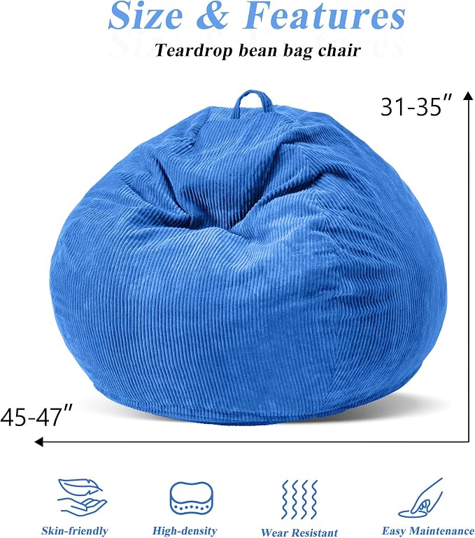 4FT Bean Bag Chair for Adults,Large Teardrop Beanbag with Filler | Beanbag Chair with Memory Foam Filled,Bean Bags with Handy Handle&Machine Washable Cover for Living Room,Bedroom-Blue - Image 3