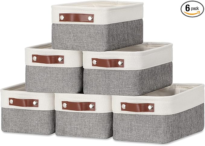 DULLEMELO Small Storage Baskets 6 Pack, Fabric Collapsible Gift Storage Baskets for Shelves, Closets, Nursery, Home, Office Organizing,Small Canvas Linen Rectangular Storage Bins (6-Pack, White&Grey) by DULLEMELO