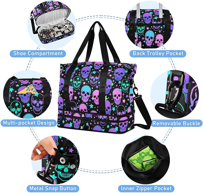 Travel Duffel Tote Bag Stars Purple Skulls Sports Duffel Bag with Wet Pocket Weekender Overnight Bag for Women Men Gym Bag, Carry On Bag Hospital Bag for Labor and Delivery - Image 4
