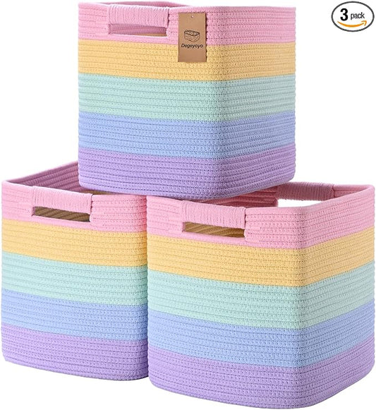11 Inch Storage Cubes, 3 Pack Cube Storage Bins for Organizing, Cotton Rope Woven Baskets for Shelves, Bathroom, Kids Room, Closets, Baby Nursery by Degeyoyo