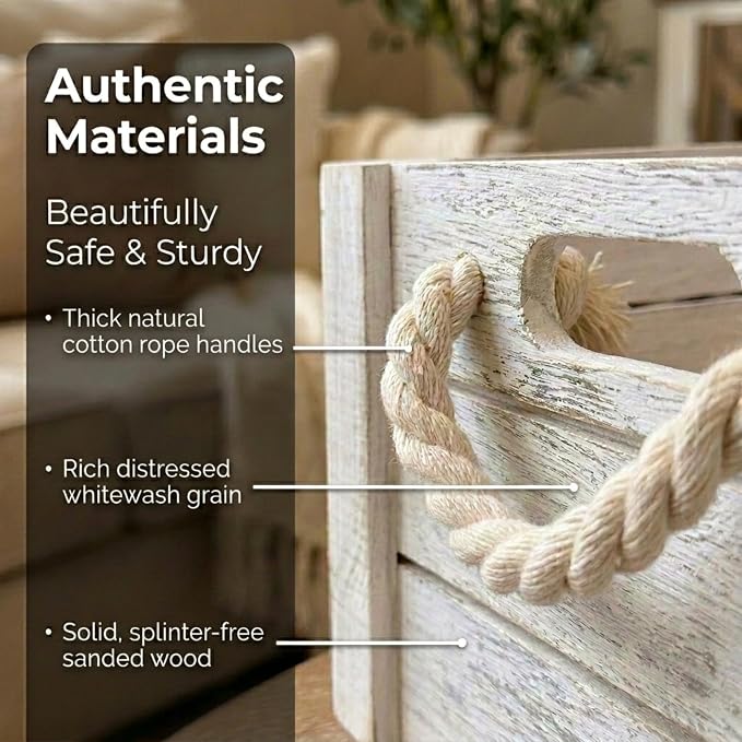 Set of 3 White Wooden Crates with Rope Handles, Nesting Decor Storage Boxes | Rustic Farmhouse Organizer for Kitchen, Living Room, Bathroom, or Pantry. Nesting Design Keeps Shelves Tidy. - Image 4
