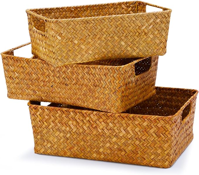 Seagrass Storage Basket with Handles, Stackable Woven Baskets Bins Container for Organizing Shelves Bedroom Living Room, Set of 3, Natural - Image 7