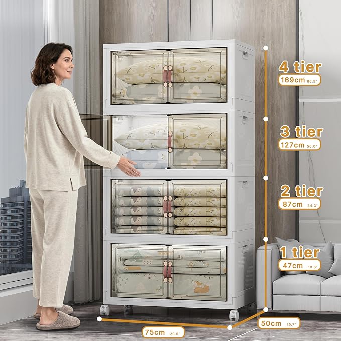 700QT Stackable Storage Bins with Lids, Storage Cabinet with Wheels | Clear Doors Lockable Storage Bins Collapsible Closet Organizer for Space Saving Easy Assembly Extra Large Capacity Heavy Duty - Image 2