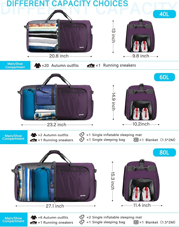 Gonex 100L Foldable Travel Duffle Bag with Shoe Compartment, Lightweight | 210D Nylon, Water-Repellent, Folds Compact, Multiple Pockets, Luggage Sleeve,Family Travel & Camping, Purple - Image 5