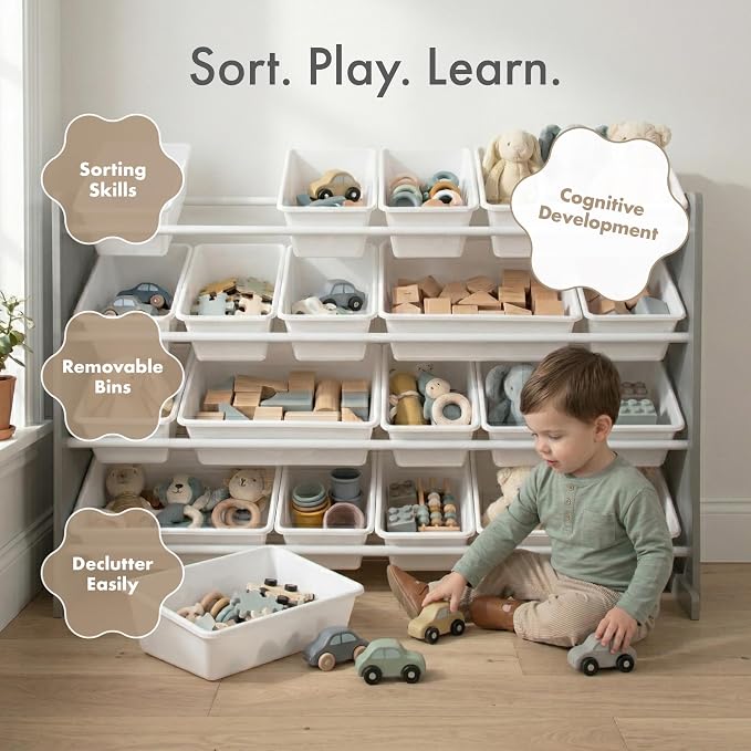 Humble Crew Kids Toy Organizer with 20 Bins, 4 Tier Storage for Playroom | Sturdy wood and steel toddler shelf, removable BPA-free containers, wall anchor anti-tip safety kit for bedroom or classroom - Image 5