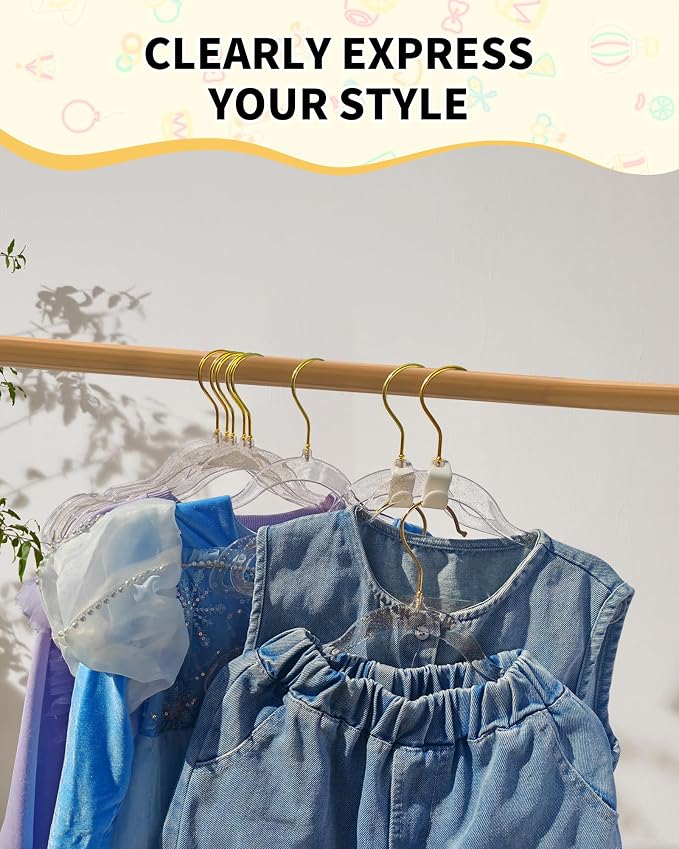 50pcs Slim Clear Toddler Hangers with 10 Connector Hooks for Kid's Closet | Swivel Golden Sparkling Baby Clothes Hangers with Gold Glitter for Infant Coat Outfit, Perchas for Children Boy Gril Nursery - Image 8