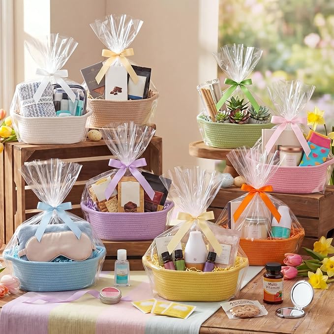 Hoolerry 8 Set Small Woven Gift Basket Empty with Bag Bow Raffia Pastel Cotton Rope Storage Box with Handle for Toy Storage Nursery Shelf Organizing Baby Shower Birthday Gift Basket, 12"x 8" x 5" - Image 2
