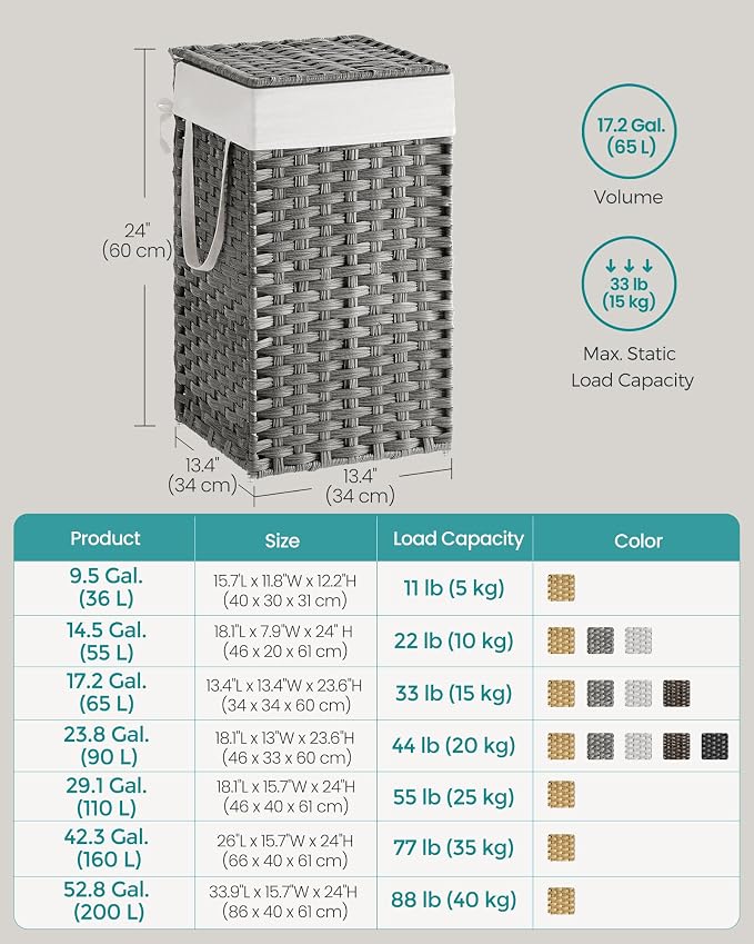SONGMICS Laundry Hamper with Lid, 17.2 Gallon (65 L) Synthetic Rattan Clothes Laundry Basket with Lid and Handles, Foldable, Removable Liner, Dove Gray ULCB165G01 - Image 7