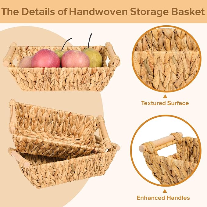 Small Wicker Baskets for Organizing, Water Hyacinth Wicker Storage Basket with Handle, Pantry Baskets for Shelves, Toilet Tank Paper Basket, 4 Pack - Image 3