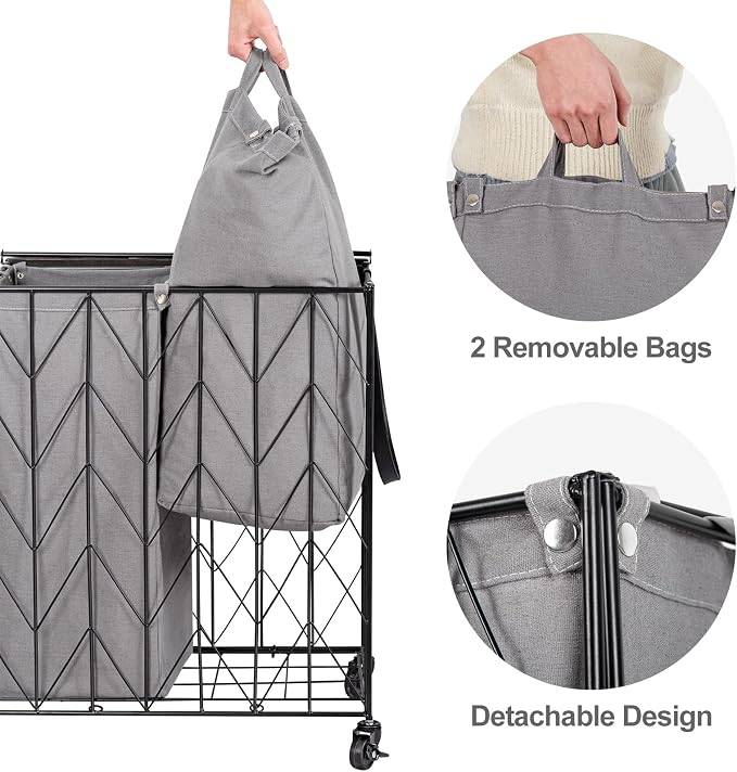 WOWLIVE Double Laundry Hamper with Lid, Rolling Laundry Basket with Wheels | Heavy Duty Wire Clothes Hamper with Divided Removable Bags, Large Iron-Made Laundry Sorter Laundry Room Organization, Grey - Image 5