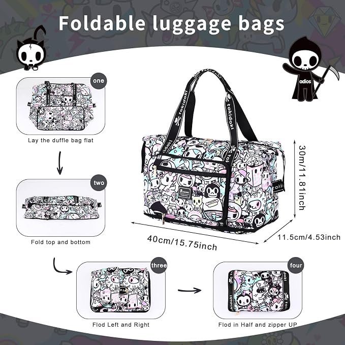 Tokidoki Unicorno Foldable Duffle Bag for Travel, 40L Expandable Weekender Bags with Trolley Sleeve Overnight Bags for Travelling (White) - Image 4