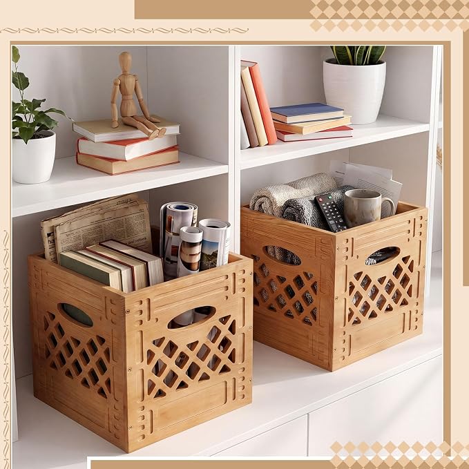 2 Pack Wooden Milk Crate, 11 x 11 x 11 Inch Stackable Rustic Wood Storage Crate with Handles, Decorative Farmhouse Basket Organizer for Home, Kitchen, Office - Image 5