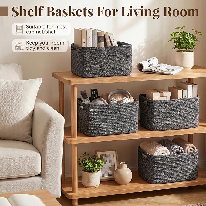 OIASKET 4Packs Natural Cotton Rope Storage Baskets for Organizing Toys, Clothes, Towels & Books, Soft Versatile Organizers for Shelves, Home Decorative Bins, 13''Lx9''Wx7.8''H, Black and White - Image 6