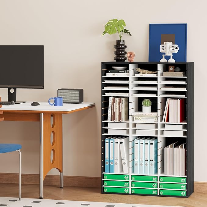 EasyPAG 60 Compartments Wooden Literature Organizer with Adjustable Shelves, 30000 Sheets Capacity Paper Organizer, Classroom Mailbox and Mail Sorter for Teachers and Office, Black/White - Image 7