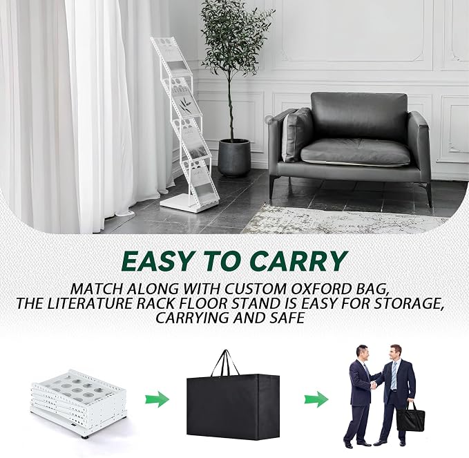 Literature Stand Rack, Standing Magazine Brochure Catalog Display Stand | Collapsible Flyer Holder, Metal Magazine Floor-Standing with Portable Oxford Bag for Office Store Exhibition Trade Show White - Image 3