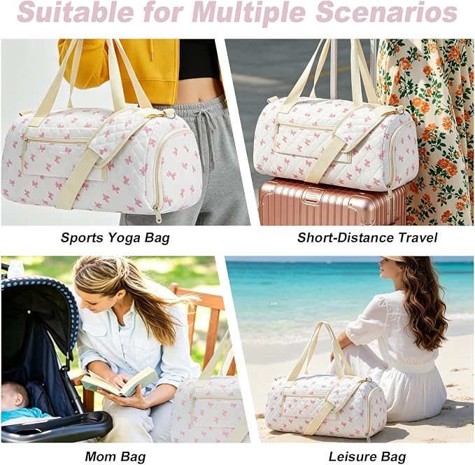 White Pink Bow Quilted Weekender Duffle Bag with Shoe Compartment | Women's Overnight Gym Bag for Travel, Carry-On Duffel with Luggage Sleeve for Hospital Labor & Weekend Getaway - Image 7