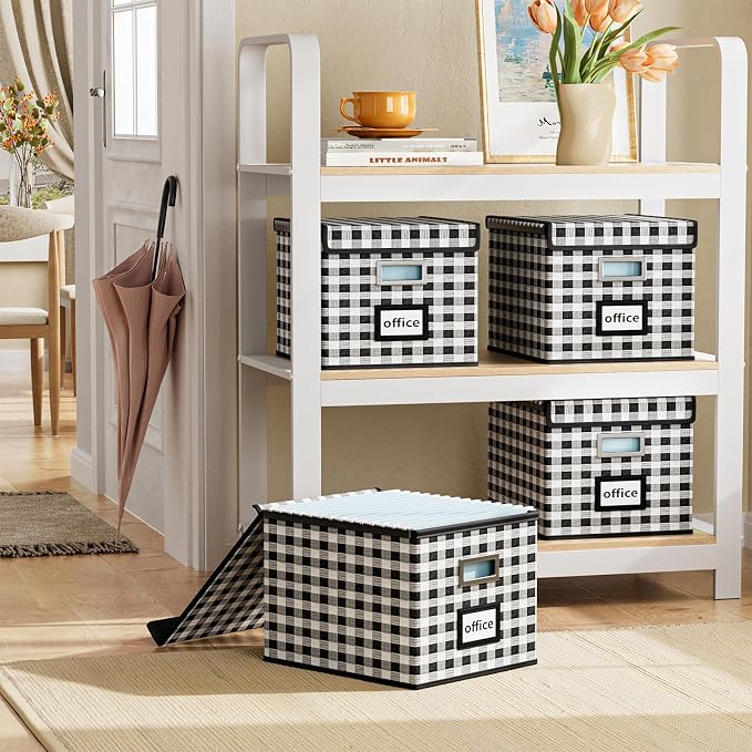 File Organizer Box with Lids, Collapsible File Folder Organizer | File Box with Plastic Slides for Document, Filing Bin for Letter Size Hanging File Folders (4 Pack, Black & White Lattice) - Image 2